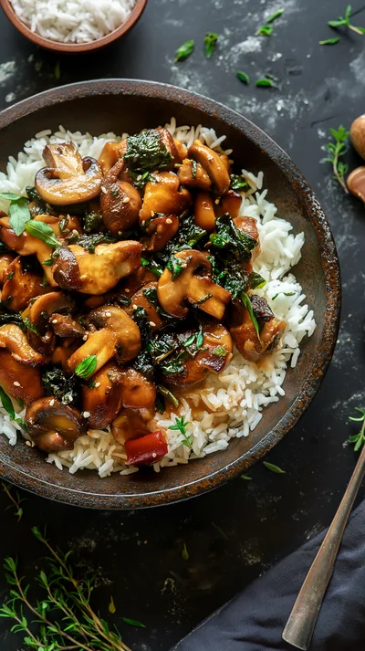 Stir Fried Mushrooms With Rice In A Bowl