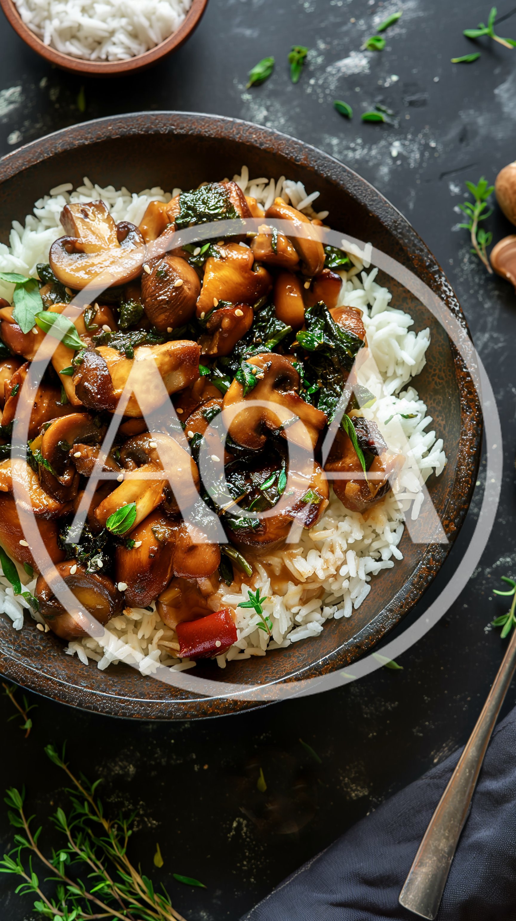 Stir Fried Mushrooms With Rice In A Bowl