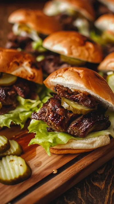 Gourmet Steak Sliders With Pickles On Wooden Board