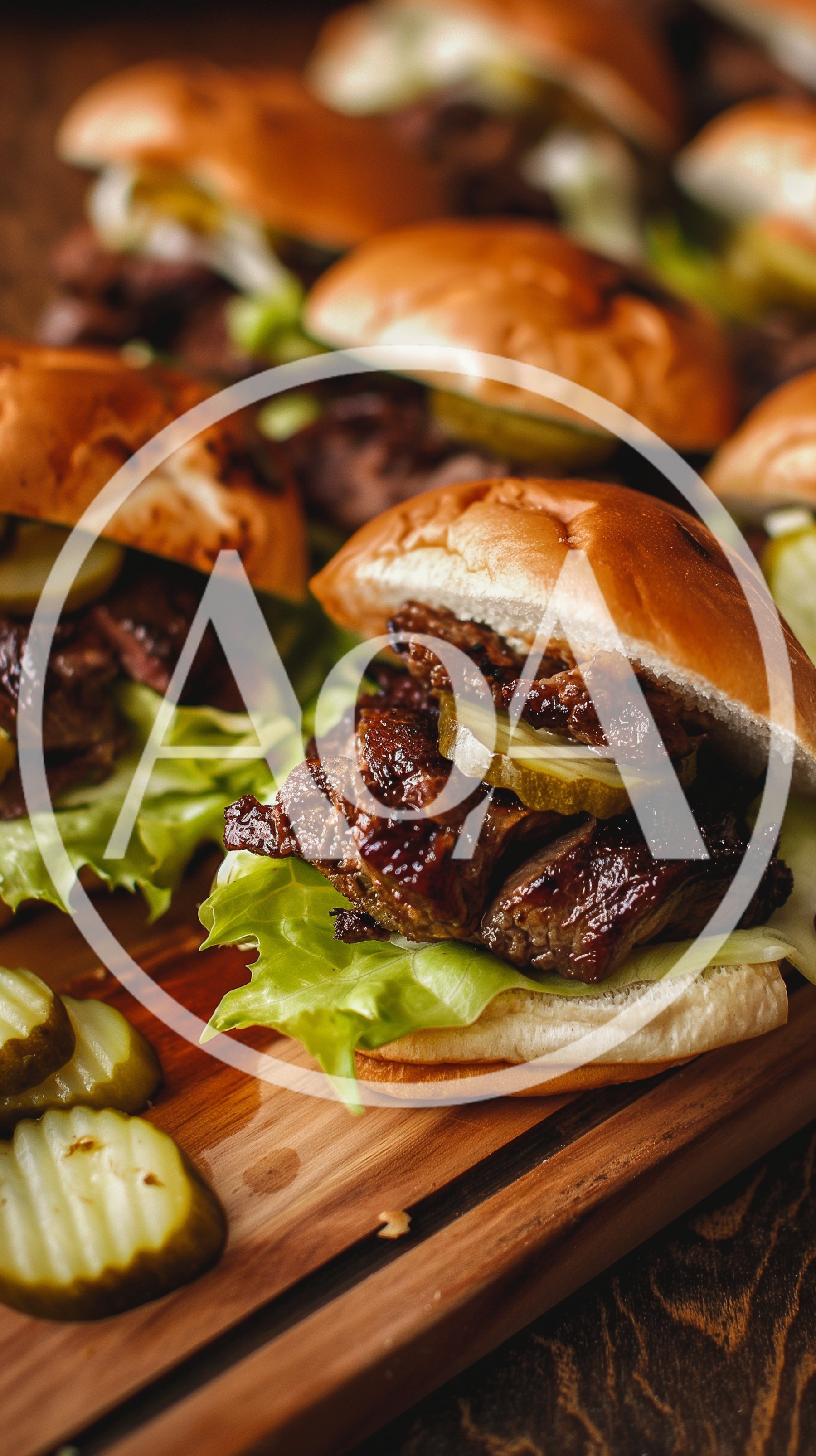 Gourmet Steak Sliders With Pickles On Wooden Board