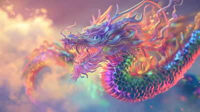 Iridescent Mythical Dragon Flying Through Dreamy Clouds