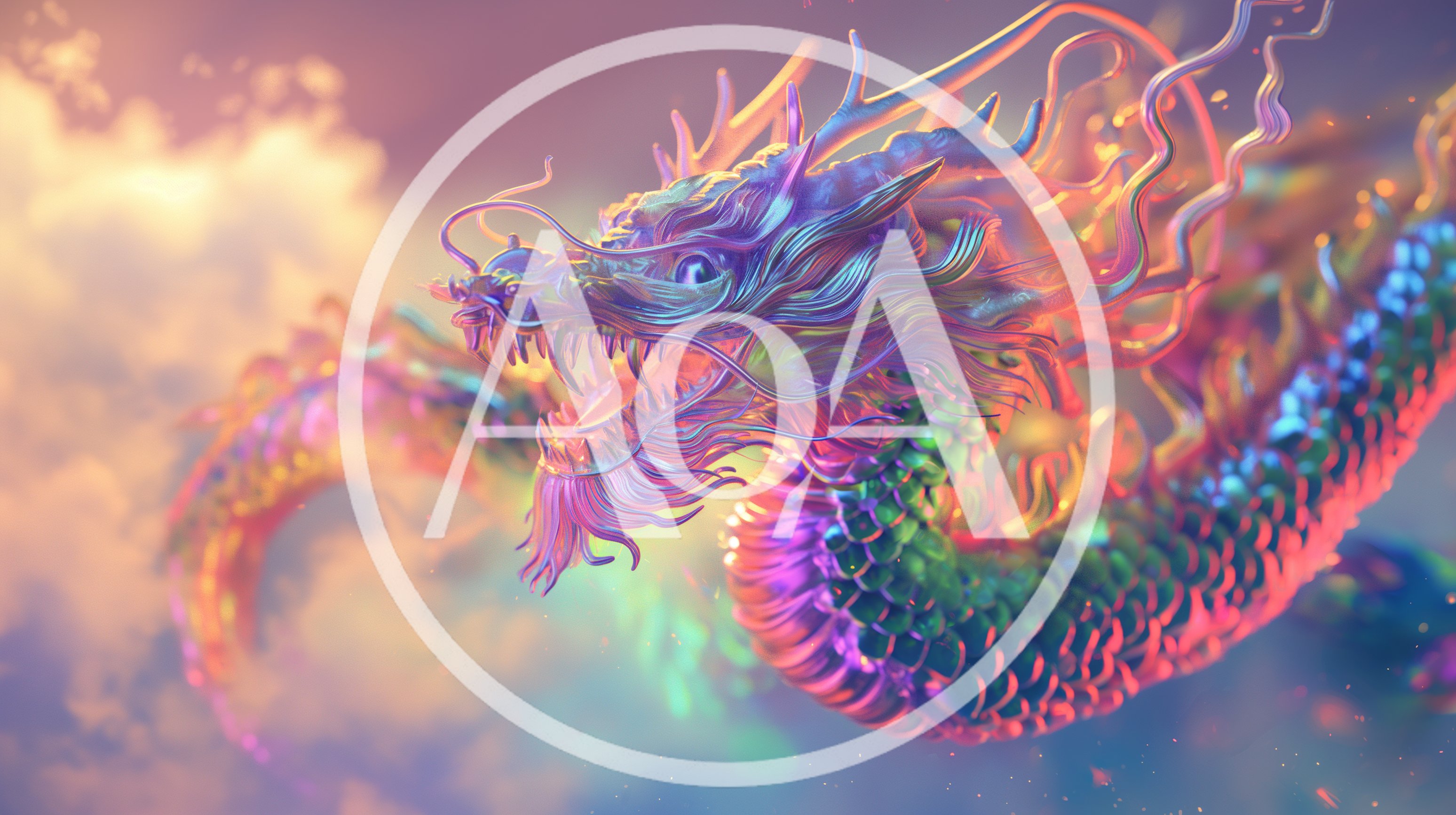 Iridescent Mythical Dragon Flying Through Dreamy Clouds