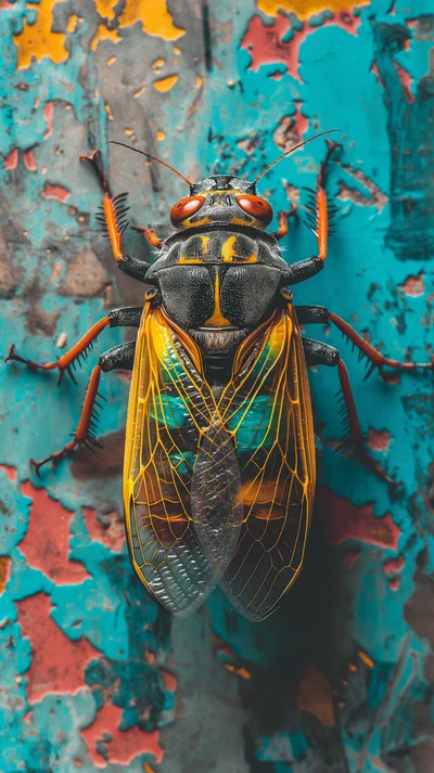 Macro Shot Of A Cicada On Weathered Painted Surface