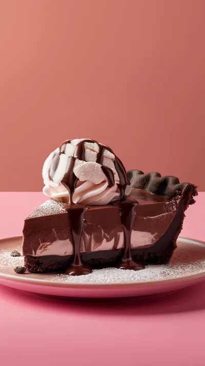 Slice Of Chocolate Pie With Whipped Cream And Syrup