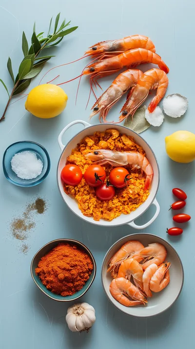 Top View Of Paella Ingredients And Prepared Dish