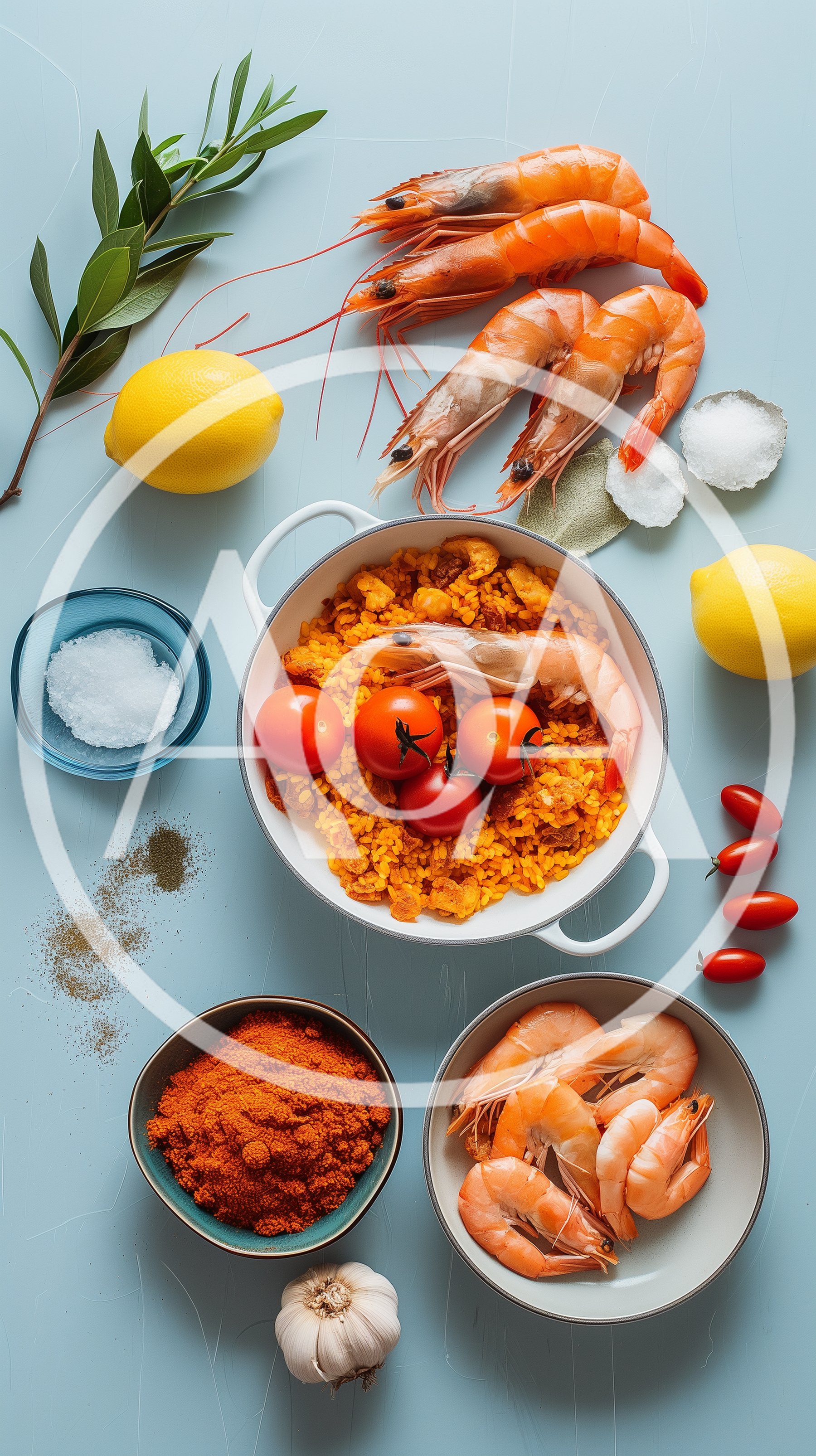 Top View Of Paella Ingredients And Prepared Dish