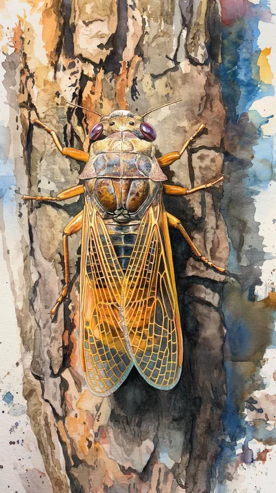 Watercolor Illustration Of A Cicada On Tree Bark