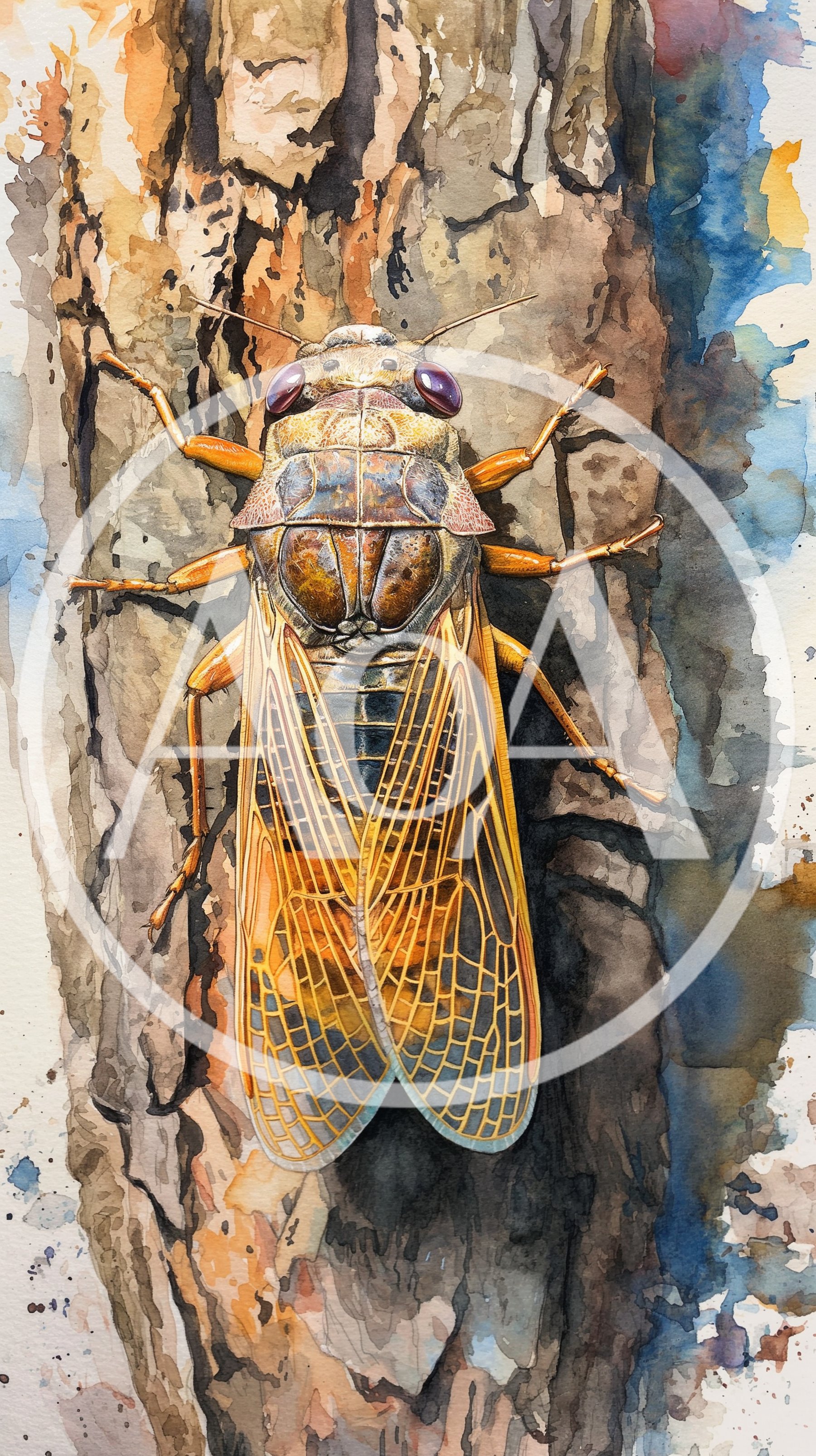 Watercolor Illustration Of A Cicada On Tree Bark