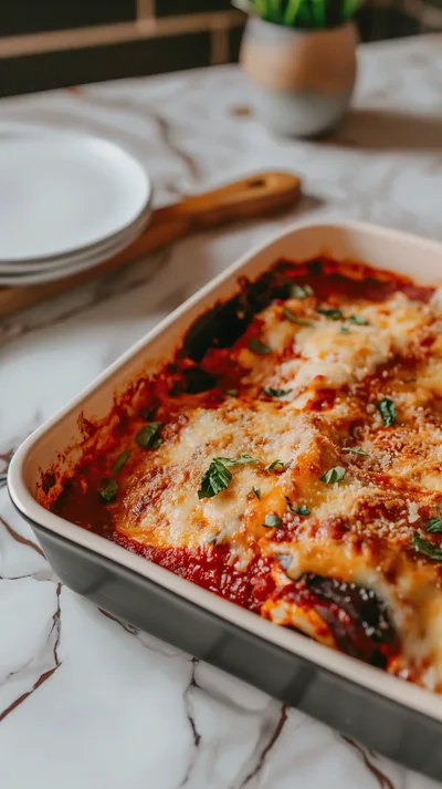Freshly Baked Eggplant Parmesan In A Ceramic Baking Dish