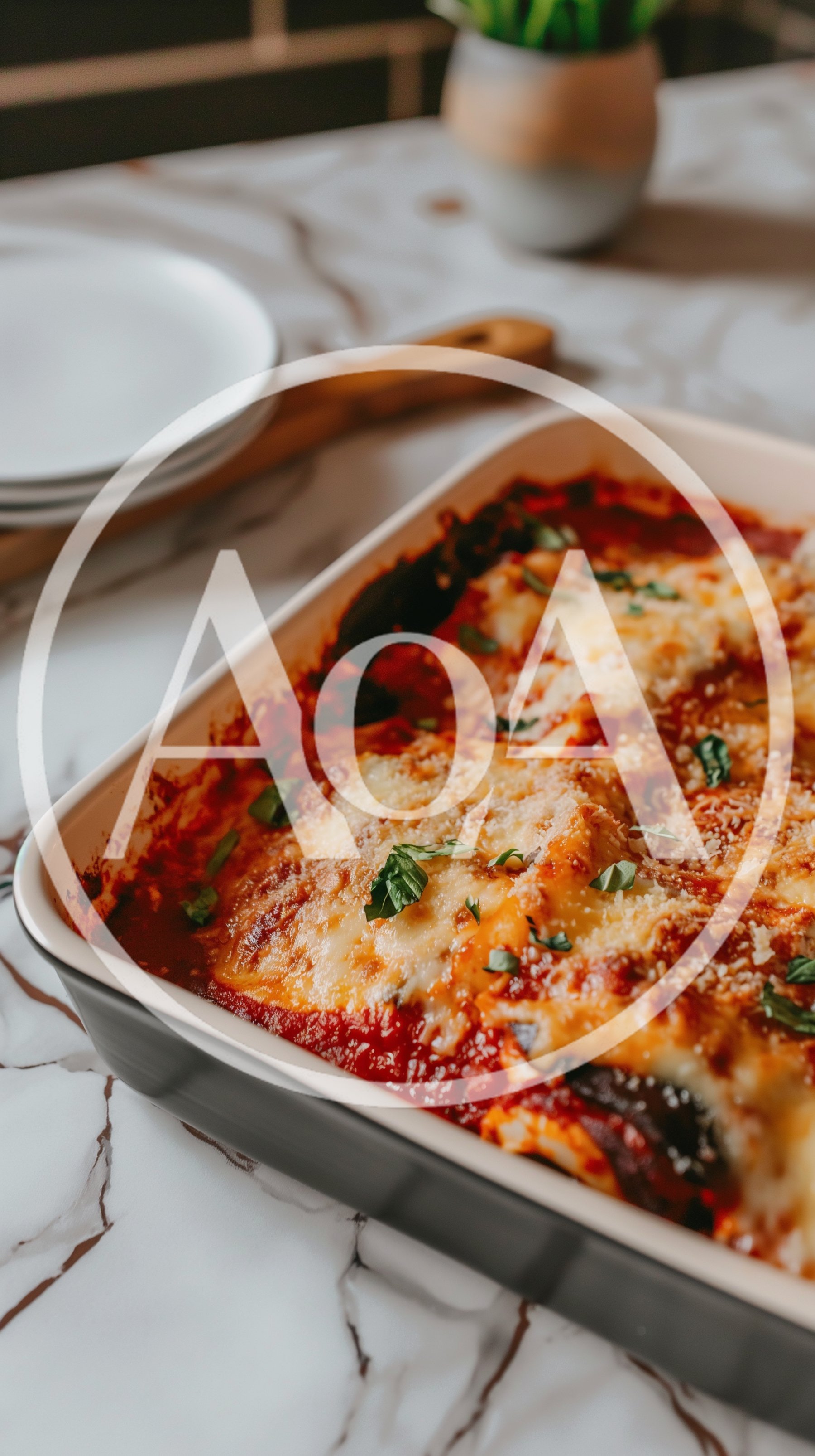 Freshly Baked Eggplant Parmesan In A Ceramic Baking Dish