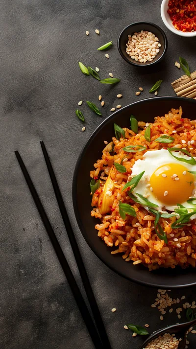 Kimchi Fried Rice With Fried Egg And Chopsticks