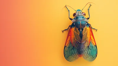 Macro View Of A Colorful Cicada On Yellow Background