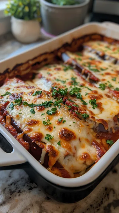 Freshly Baked Eggplant Parmesan In A Ceramic Casserole Dish