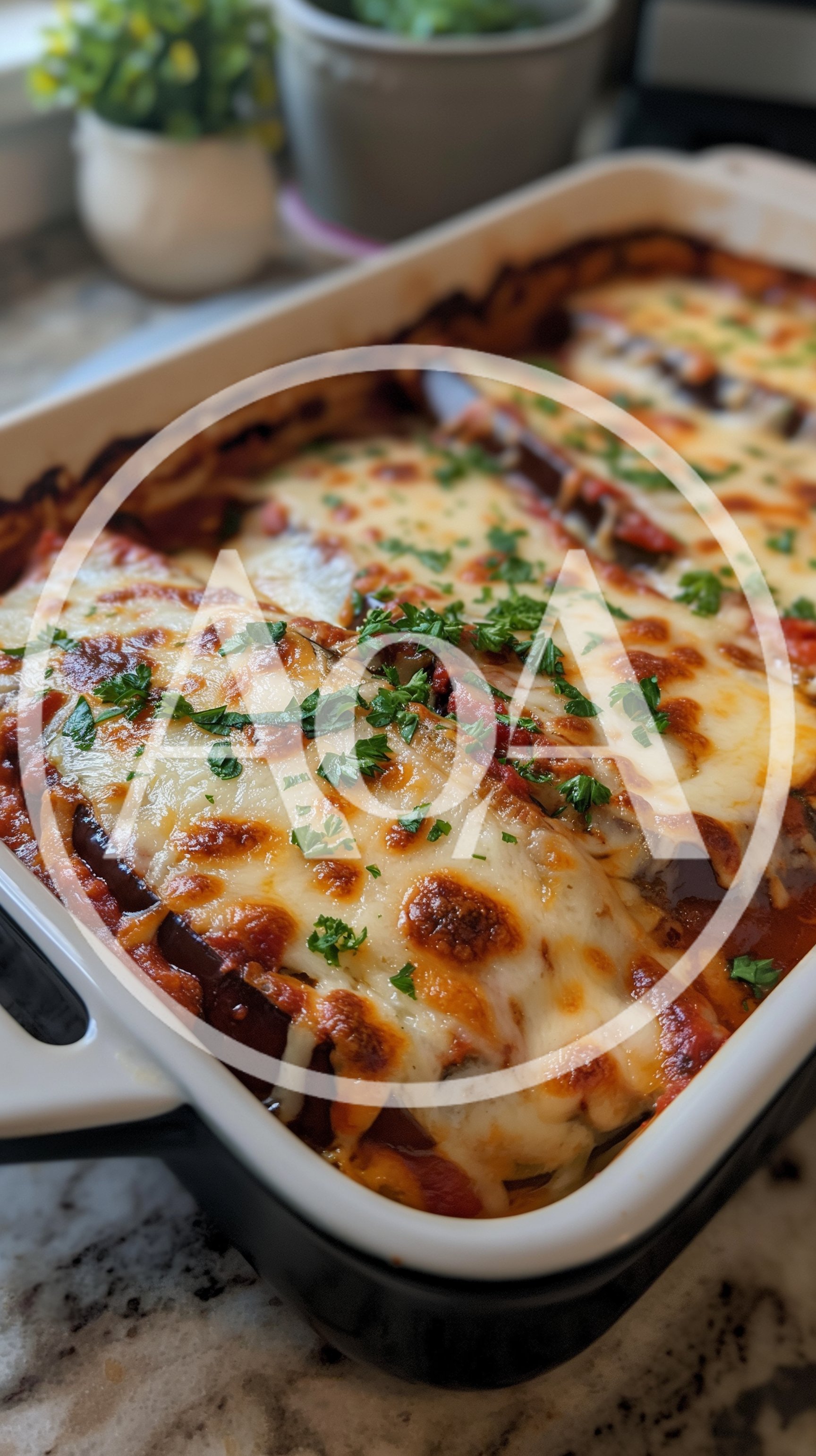 Freshly Baked Eggplant Parmesan In A Ceramic Casserole Dish