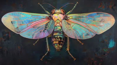Iridescent Cicada Illustration On Dark Textured Background