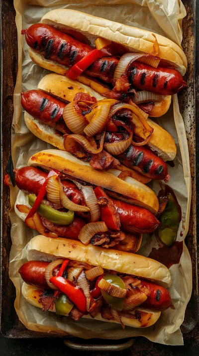 Grilled Hot Dogs With Peppers And Onions