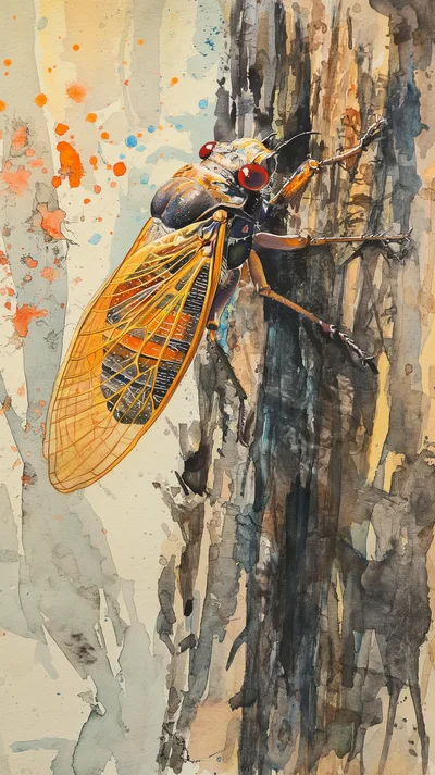 Watercolor Painting Of A Cicada On Tree Bark