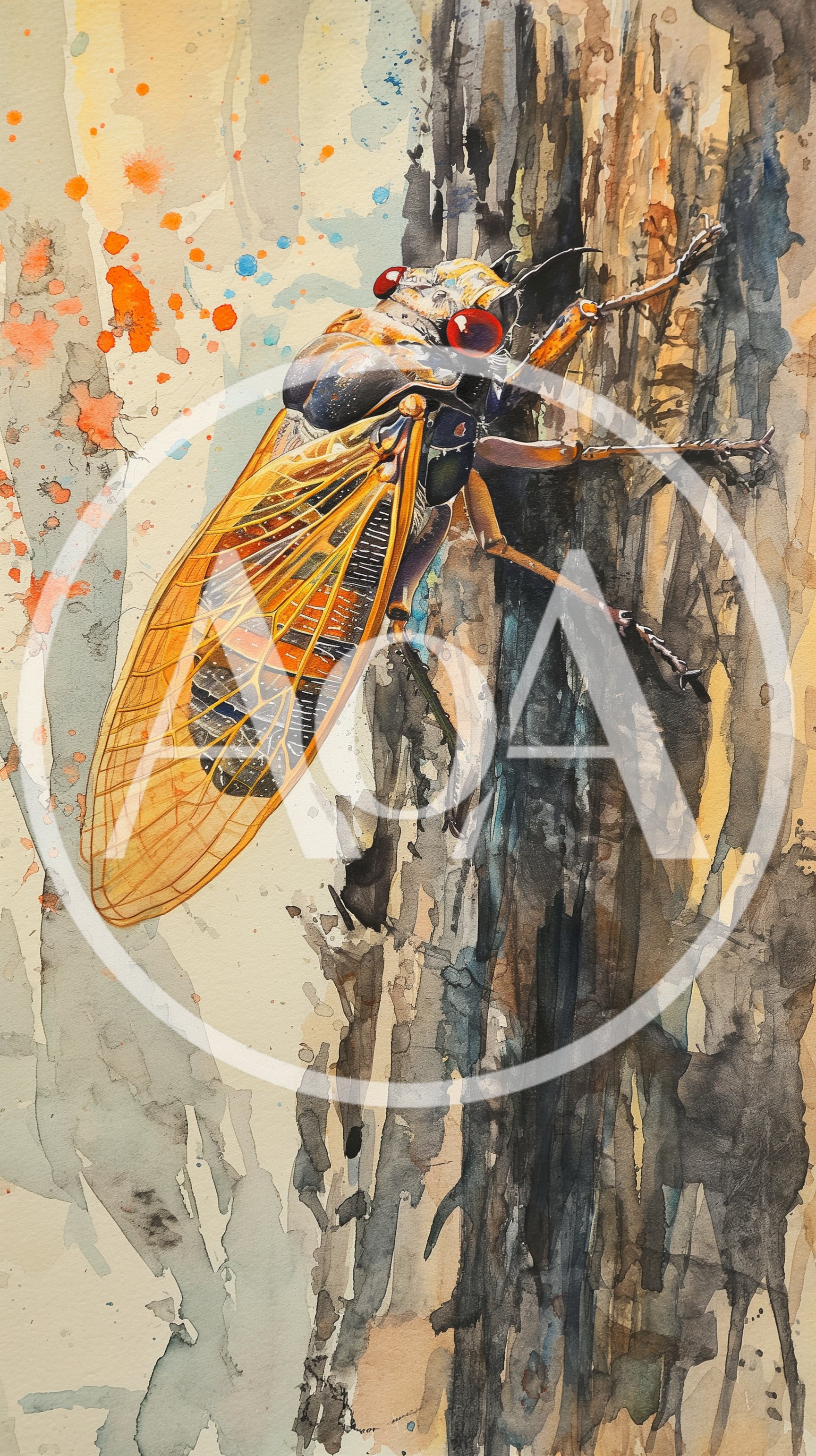 Watercolor Painting Of A Cicada On Tree Bark
