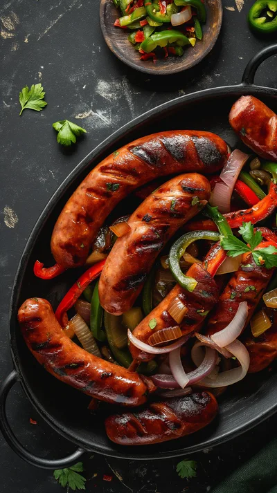 Grilled Sausages With Peppers And Onions In Skillet