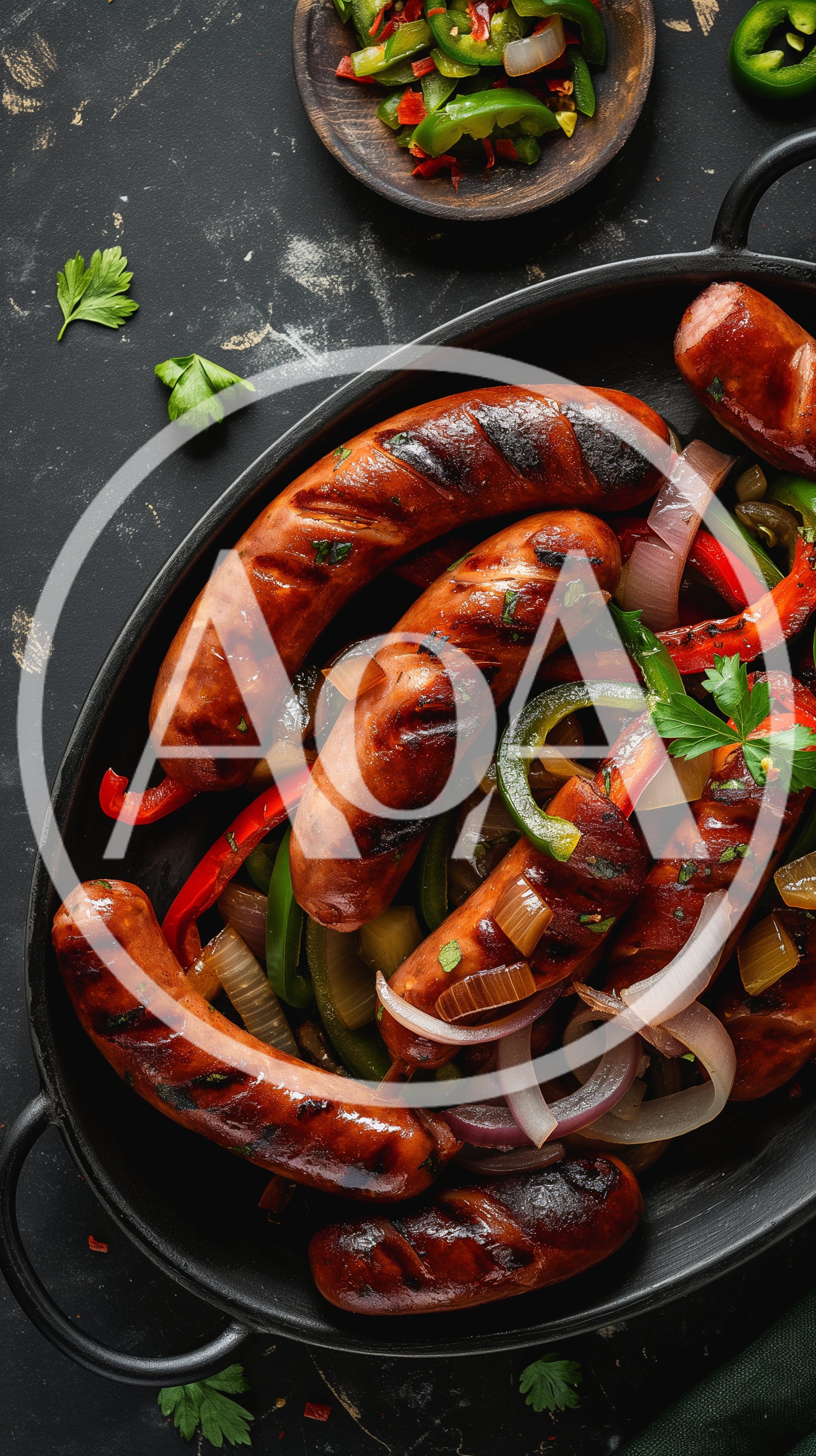 Grilled Sausages With Peppers And Onions In Skillet