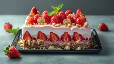 Strawberry Cheesecake Dessert With Fresh Fruit And Crumble