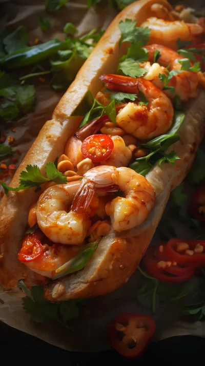 Gourmet Shrimp Banh Mi Sandwich With Peanuts And Cilantro