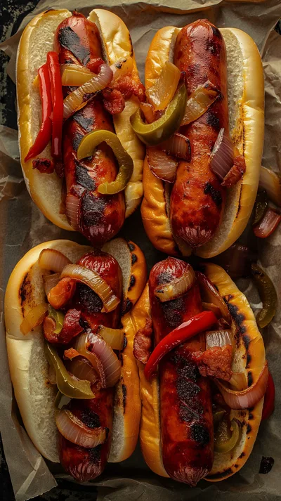 Four Grilled Sausages In Buns With Peppers And Onions
