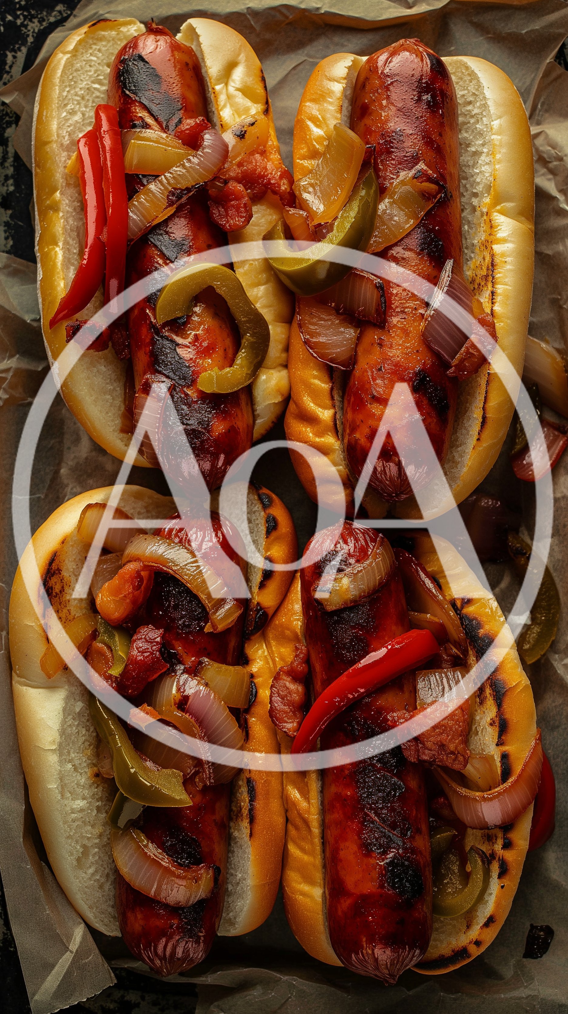 Four Grilled Sausages In Buns With Peppers And Onions