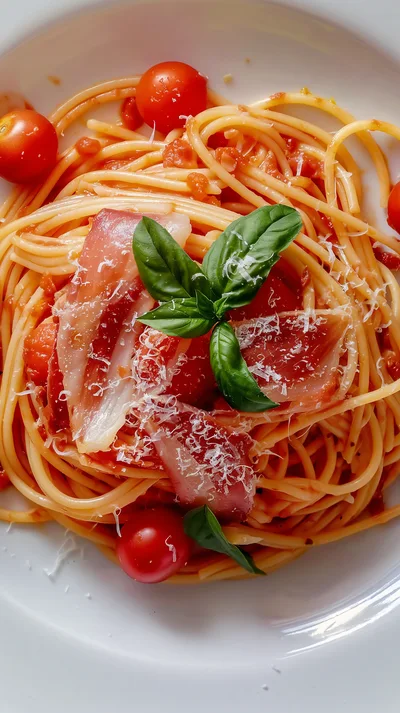 Spaghetti Pasta With Prosciutto And Cherry Tomatoes