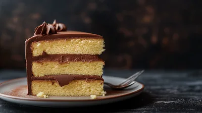 Slice Of Layered Yellow Cake With Chocolate Frosting