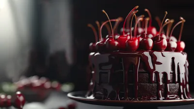 Decadent Chocolate Cake Topped With Fresh Red Cherries