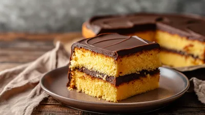 Slice of Chocolate Layer Cake on a Plate