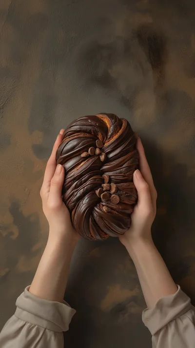 Hands Holding A Fresh Chocolate Babka Loaf