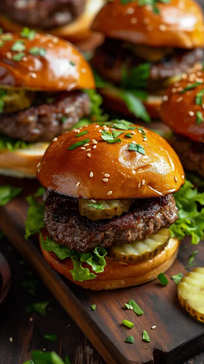 Gourmet Beef Sliders On A Wooden Serving Board