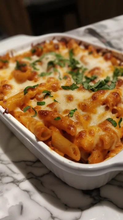 Baked Penne Pasta With Melted Cheese And Basil