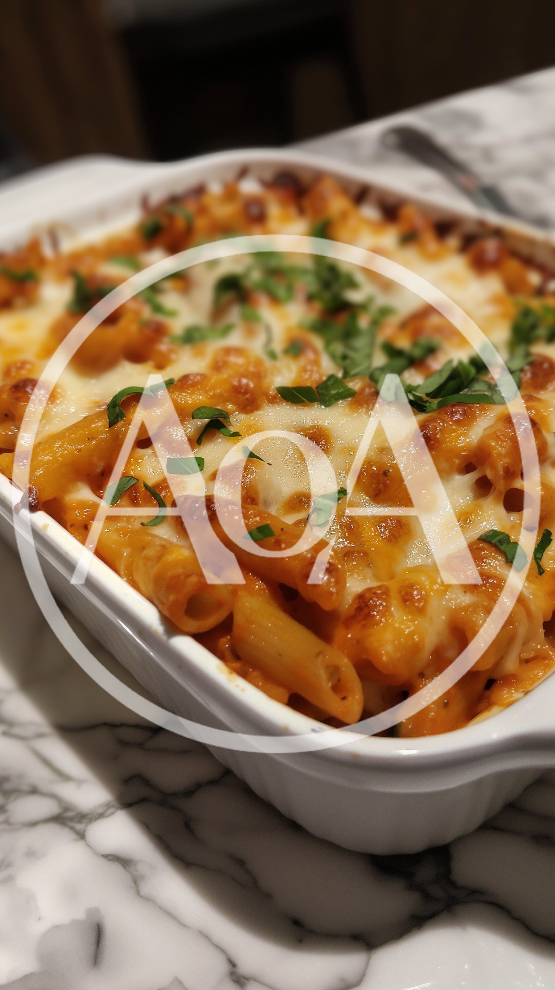 Baked Penne Pasta With Melted Cheese And Basil