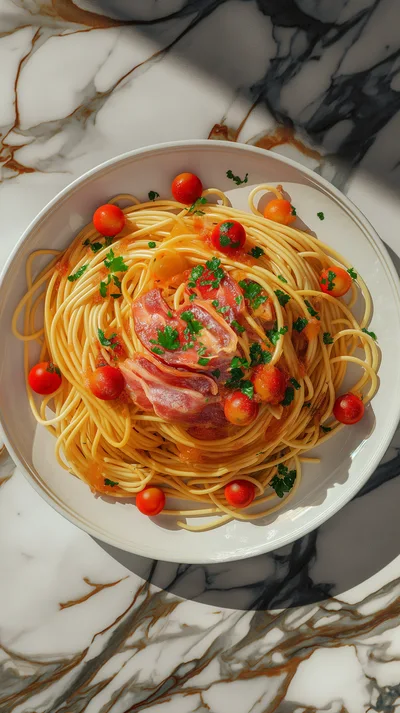 Spaghetti Pasta With Bacon And Cherry Tomatoes
