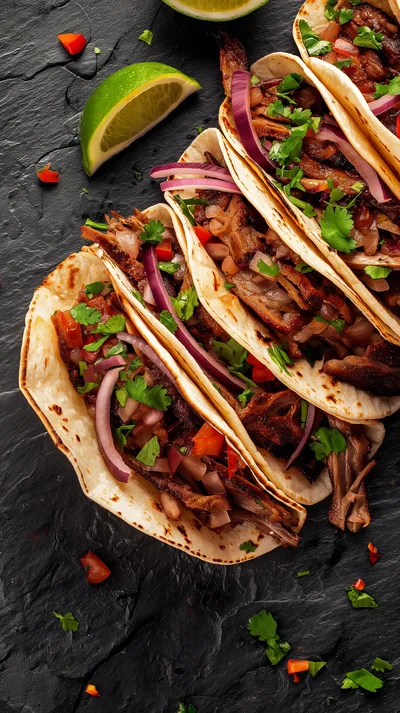 Delicious Carne Asada Tacos on Dark Slate Background