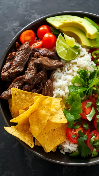Beef Burrito Bowl with Rice and Tortilla Chips