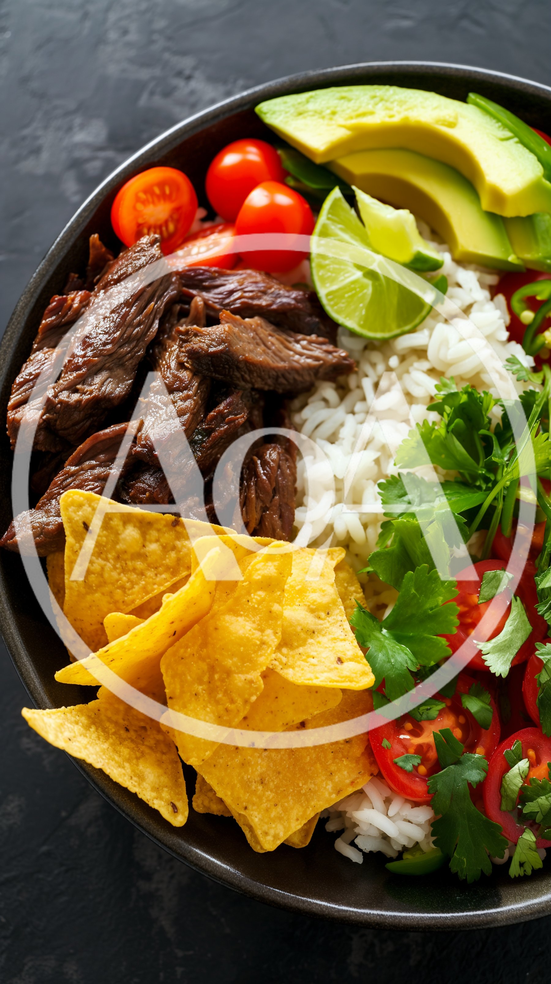 Beef Burrito Bowl with Rice and Tortilla Chips