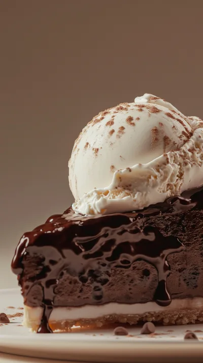 Slice Of Chocolate Cheesecake Topped With Vanilla Ice Cream