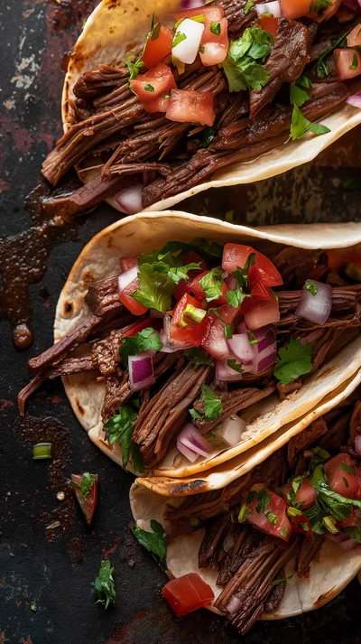 Three Delicious Beef Barbacoa Tacos On A Dark Surface