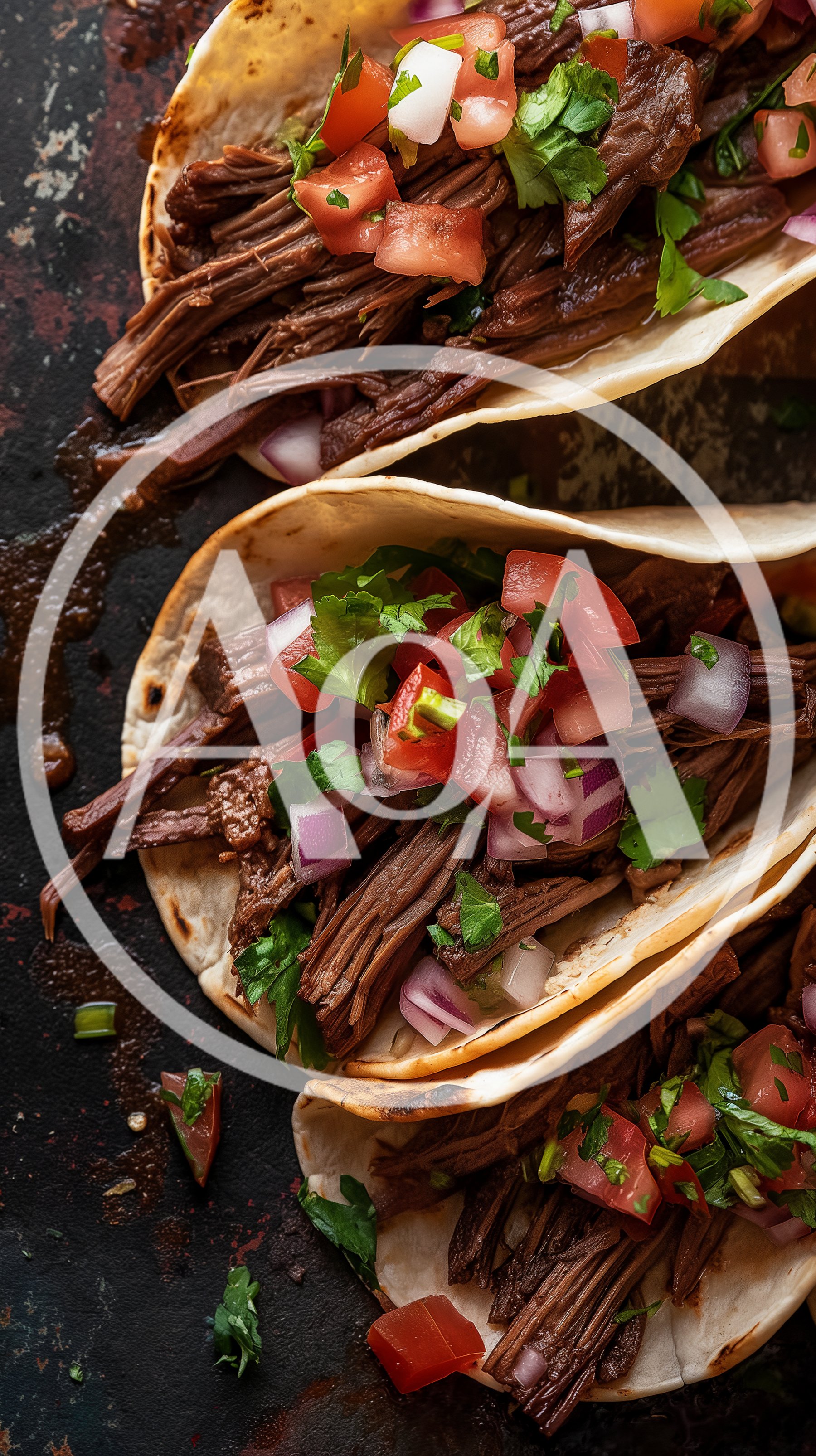 Three Delicious Beef Barbacoa Tacos On A Dark Surface