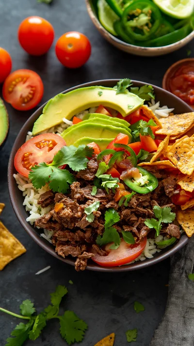 Beef Burrito Bowl With Avocado And Tortilla Chips