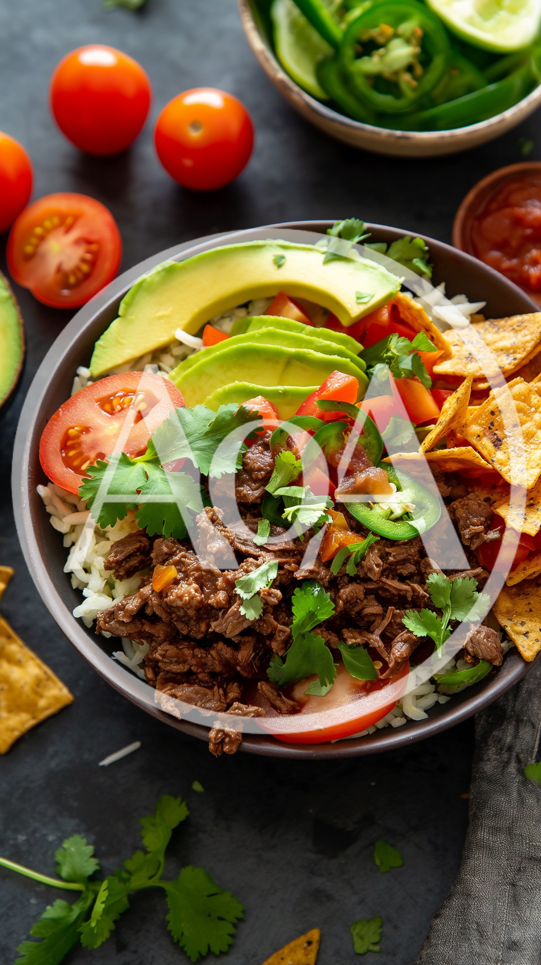 Beef Burrito Bowl With Avocado And Tortilla Chips