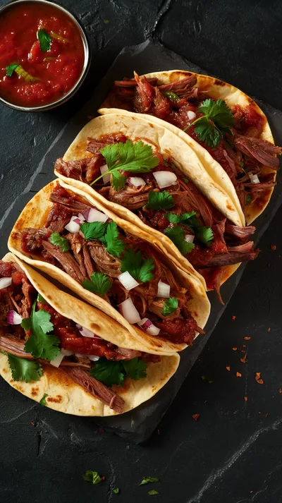 Three Beef Barbacoa Tacos on a Slate Platter