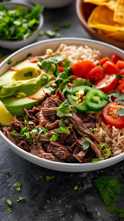 Beef Barbacoa Burrito Bowl with Fresh Toppings