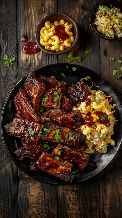 Barbecue Pork Ribs with Macaroni Salad on Black Plate