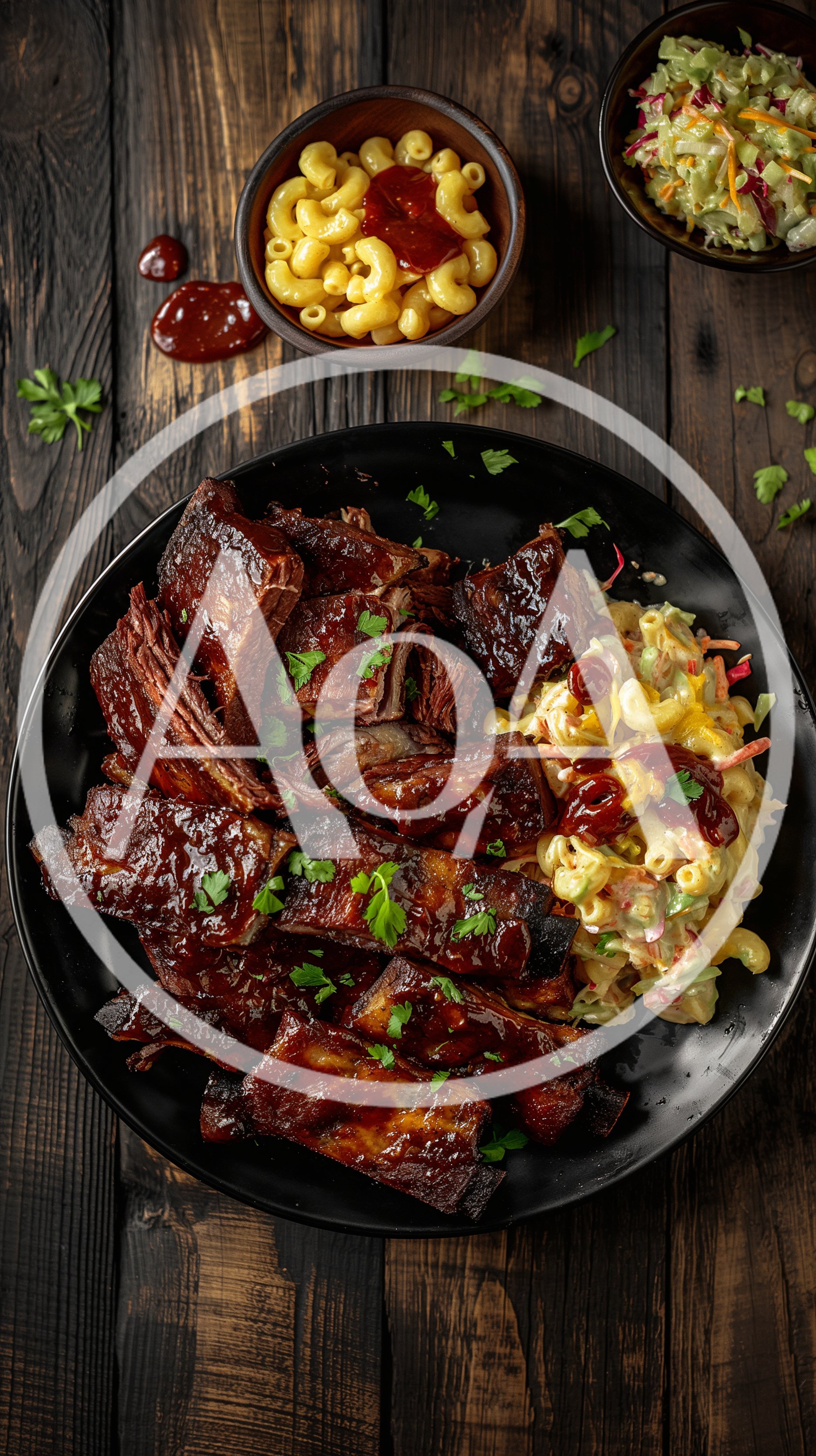 Barbecue Pork Ribs with Macaroni Salad on Black Plate