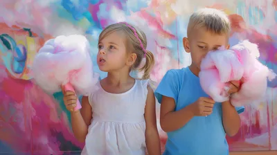 Young Children Eating Pink Cotton Candy Against Colorful Wall